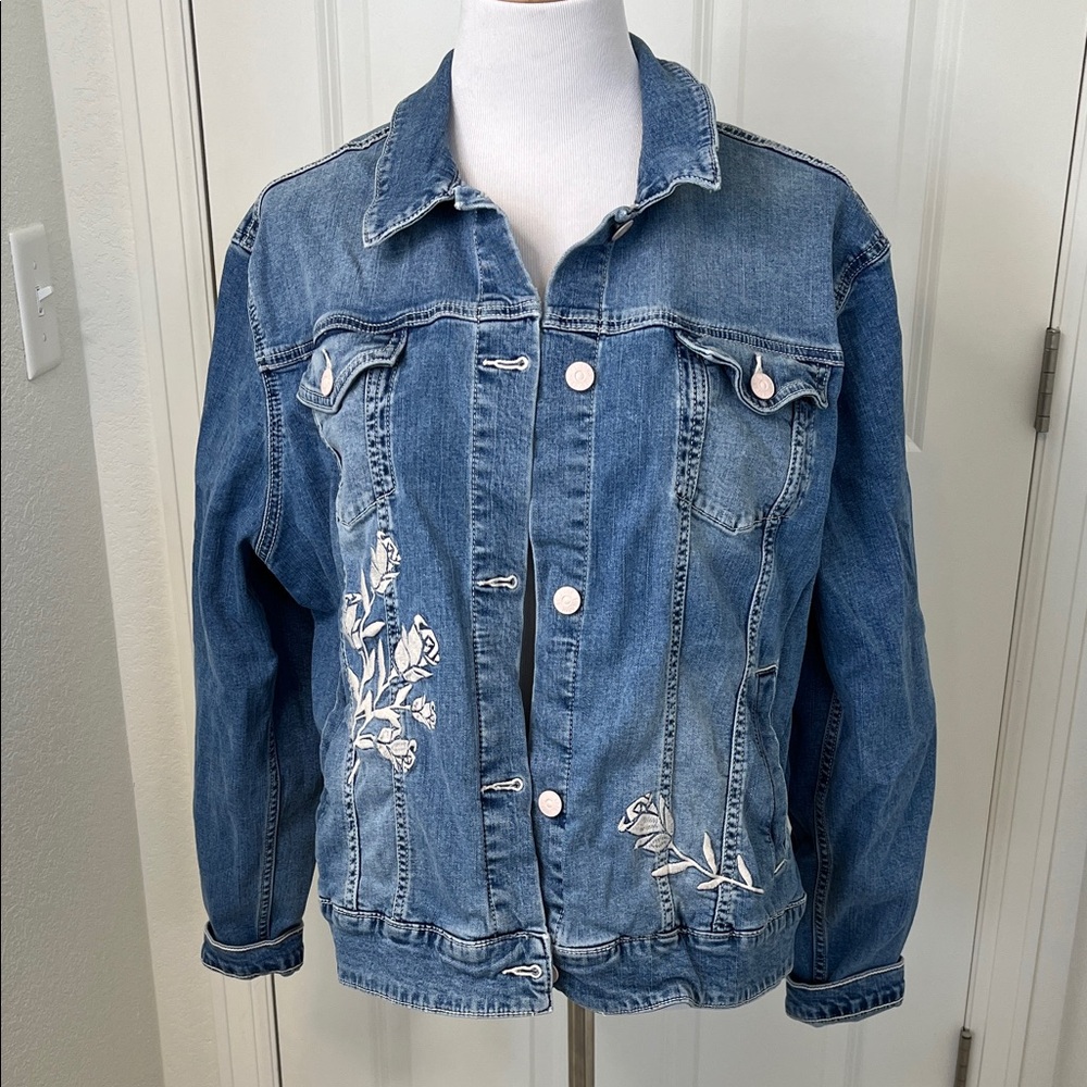 LuLaRoe Harvey Blue Rose Embroidered Denim Jean Jacket 3XL 24-26